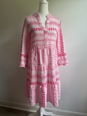 Pink Geometric Cotton Tiered Boho Mini Dress Bell Sleeve Made in India Medium