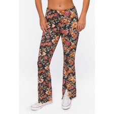  CL Forever 21 Floral Faux Suede Flare Pants High Rise Split Hem L Dark Floral