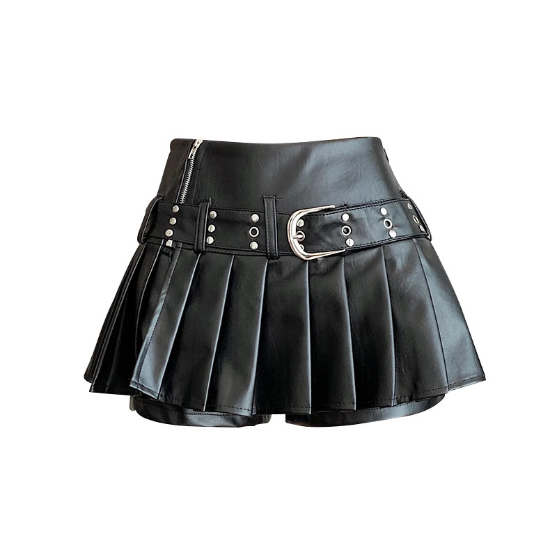 Women's Black Gothic A-line Pleated Leather Skirt Y2k Mini Shorts Skirts Harajuk