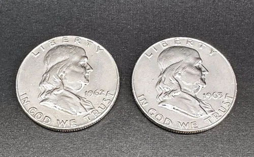 1962-D & 1963-D Franklin Half Dollar 2 Coin Lot 90% Silver - VF/XF - Denver Mint