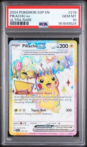 2024 POKEMON SSP EN-SURGING SPARKS PIKACHU EX ULTRA RARE #219 PSA 10 GEM MINT 🔥