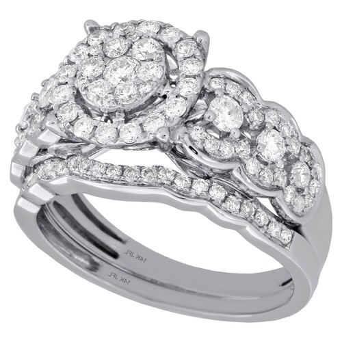 Fede Nuziale Fiore Set Diamante Creato in Laboratorio Placcato Oro Bianco 14K 1 Ct - Foto 2 di 4