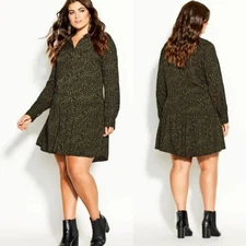 NWT CITY CHIC Animal Print Button Down Shirt Dress Green Size 20 Mini Skin
