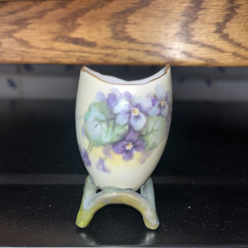 Antique Blue Lavender Pansies  Egg Cup Porcelain Gold Trim  Lovely