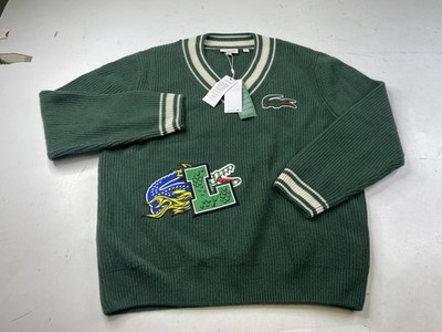 NWT LACOSTE Mens Green COMIC PATCH Wool V Neck Sweater Varsity Tennis Size XL