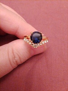 Authentic Blue Round Cut Unknown Gem Sz 1.4ct And Gold Plated Wishbone Ring UK N USA 6.5