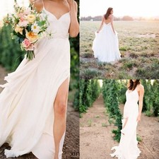 Boho Split Sexy Bridal Gowns White Ivory Chiffon Beach Wedding Dresses Open Back