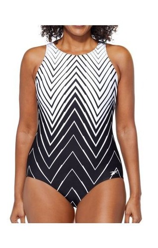 Reebok Women's Swimsuit One Piece High-Neck Black White Tummy Control $98