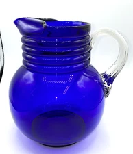 Vintage  COBALT BLUE Art Glass PITCHER ribbed APPLIED CLEAR HANDLE