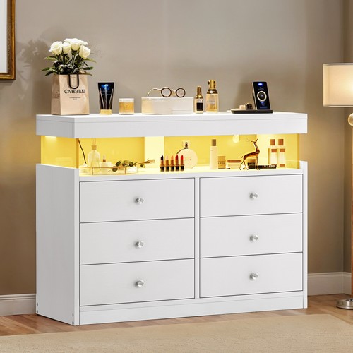 LED 6-Drawers Dresser with LED Light & Charging Station for Bedroom Closet Chest