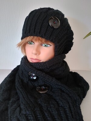 Fred Perry Schal + Mütze Set Damen Tuch Strickschal schwarz Wolle Knöpfe weich 