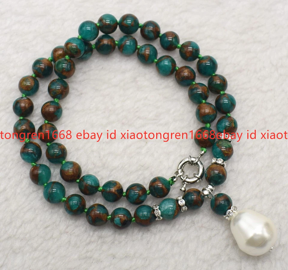 Collar colgante de perlas con concha barroca blanca gemas de pirita verde natural de 8 mm 16-24 pulgadas Foto 4 de 4