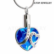 Heart Crystal Cremation Pendant Ashes Keepsake Memorial Urn Necklace Blue