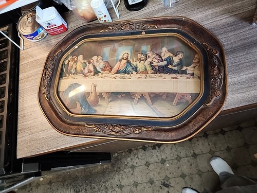 Antique Victorian Style Gesso Last Supper Framed Print Picture Convex Glass - Picture 14 of 20