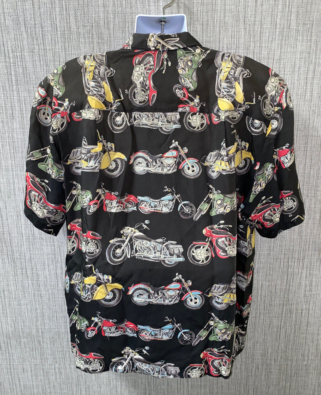 Vtg Paradise Found Mens Motorcycle Print Aloha Hawaiian Shirt 27 In Armpit
