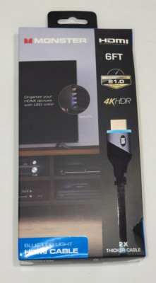 Monster HDMI Cable 4K HDR UHD Premium Gold Plated High Speed 6' Blue LED Lighted