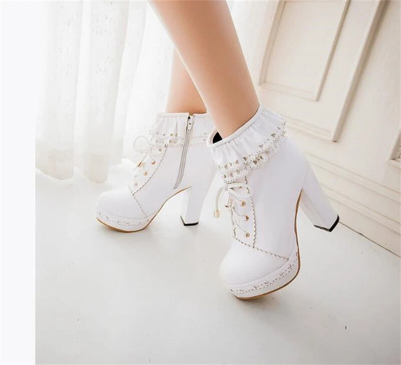 Womens Ruffle Platform Ankle Boots High Block Heel Round Toe Dress Shoes Lolita - Image 4 of 4