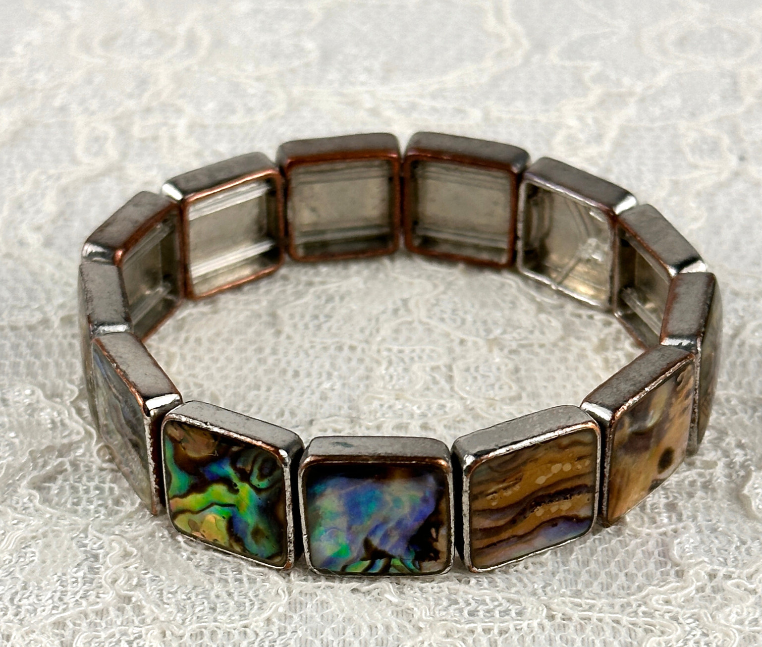 Bracelet Square Abalone Shell Stretch Silver Tone… - image 2