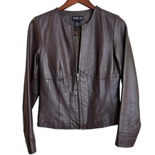 Dark Chocolate Brown 100% Leather Style & Co. Zip Front Corset Seaming Jacket S