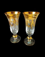 Interglass Italy Crystal Glass  24K Gold Clear Italian Champagne Flutes Set Of 2