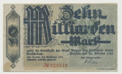Wetzlar 10 Milliarden Mark 25. Oktober 1923 Notgeld aus Rheinland ( 1053 - Bild 1 von 2