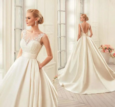 Elegant Satin Wedding Dresses With Pockets A Line Lace Backless Bridal Gowns