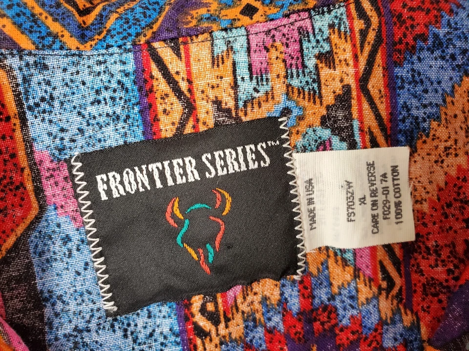 Camisa De Colección Frontier Serie LS Botón Para Hombres M Azul Naranja Multi Western Retro EE. UU. Foto 3 de 4