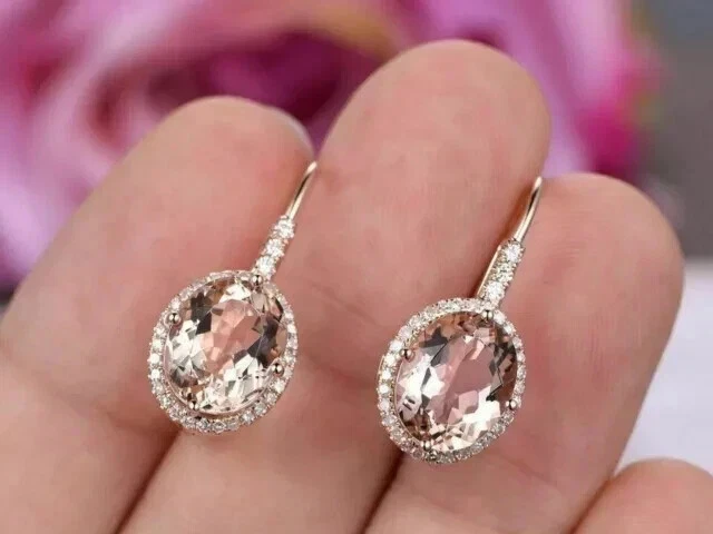 Brincos pendurados folheados a ouro rosa 14K corte oval 4,00 quilates criados em laboratório com gota de morganita - Imagem 3 de 4