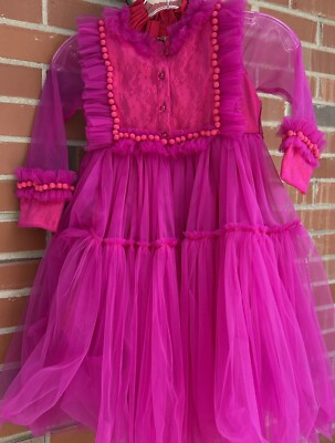 Nikolia Girls Hot Pink Tulle Ruffled Dress Sheer Sleeve Sz 6-8