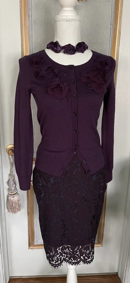 NWT Banana Republic Purple Lace Pencil Skirt With Sweater And Choker Size S