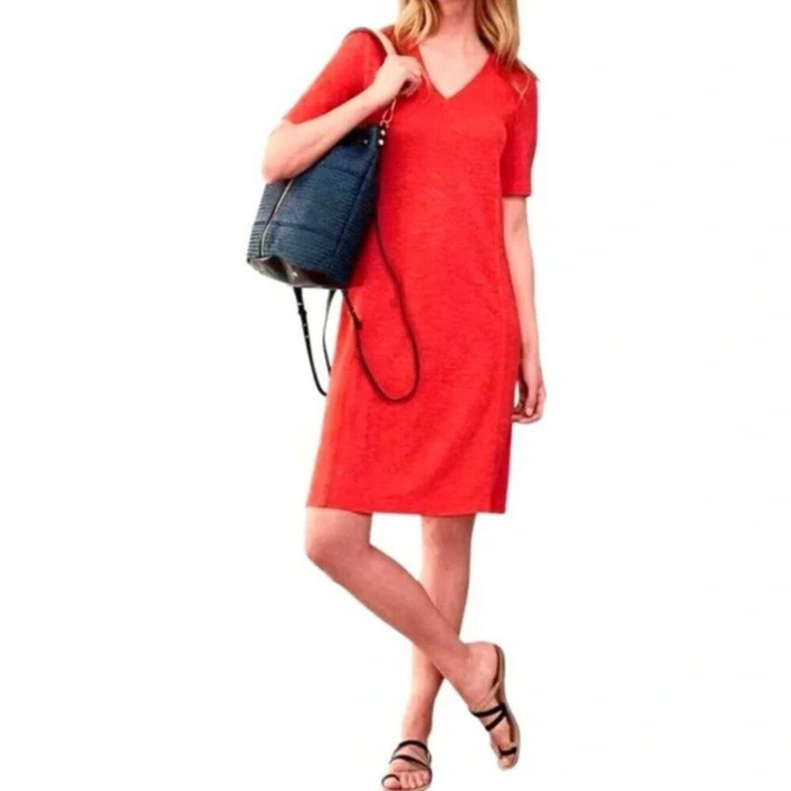 Eileen Fisher Cotton Hemp Twist Slub V-Neck Dress Red / Geranium - Large
