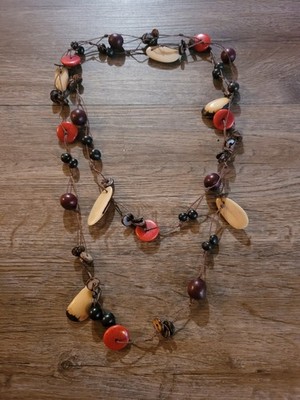 Coral And Wood Bead Necklace Natural Elements Long Hand Knotted Women's Fashion