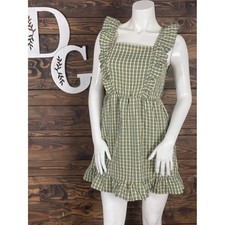 Wild Fable Gingham Plaid Green and Yellow Smocked Sundress Open Tie Back Ruffle
