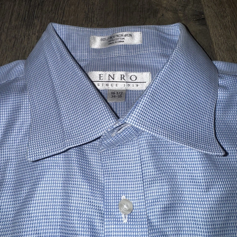 Camisa de vestir ENRO para hombre manga larga azul a cuadros talla 16,5/34-35 100 % algodón sin planchar Foto 2 de 4