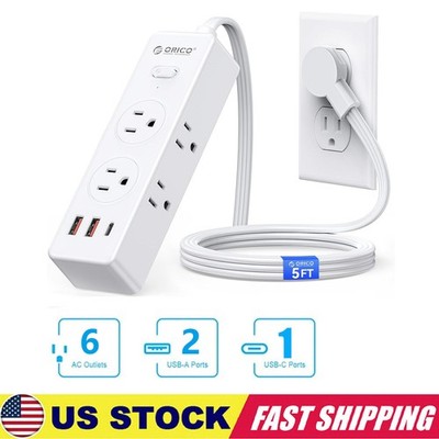 6 Outlet USB Surge Protector Power Strip Grounded Flat Plug Extension Cord 5F