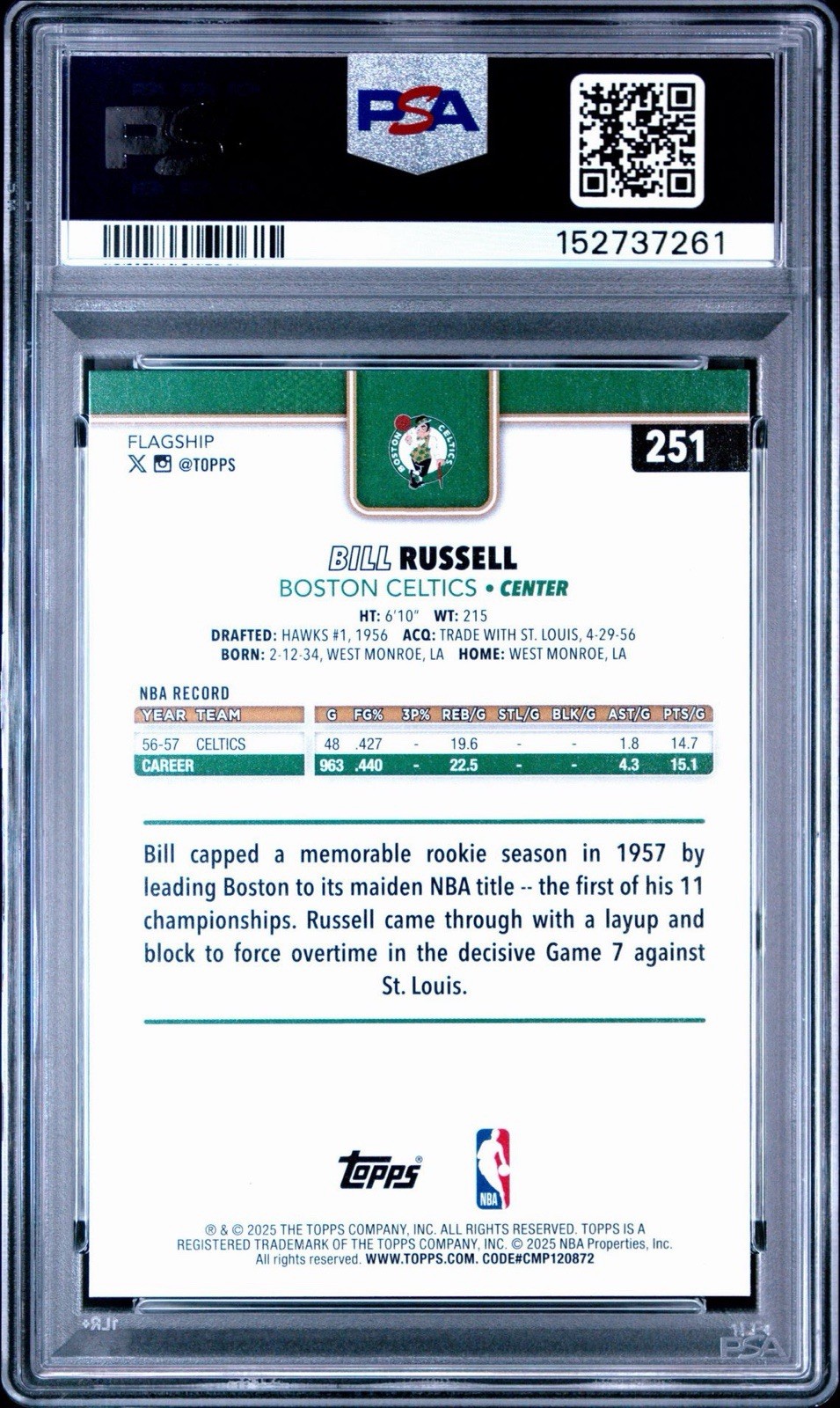 2025 TOPPS BILL RUSSELL GOLD /2025 - PSA 10! view 2
