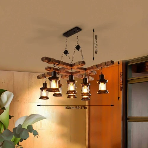 Rustic Wood Chandelier Light 8 Heads Pendant Hanging Lamp Ceiling Fixtures Bar - Image 2 of 4