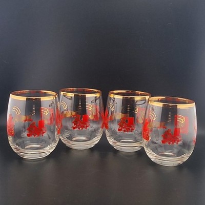 VTG Set 4 MCM Roly Poly Cocktail Glasses Gold Trim Brick Layers/Masonary Workers