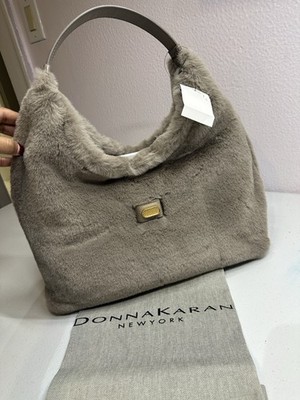 Donna Karan Hobo Bag Gray Gold Hardware Crocodile Embossed Shoulder Strap