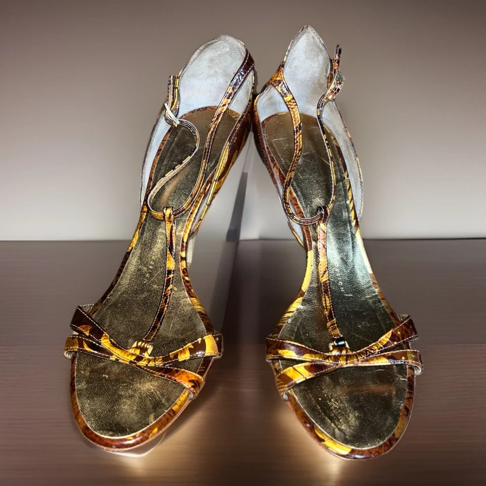 Antigo Giuseppe Zanotti Design Salto Cunha Marrom Dourado Sapatos de Couro Patente UE 39 - Imagem 3 de 4