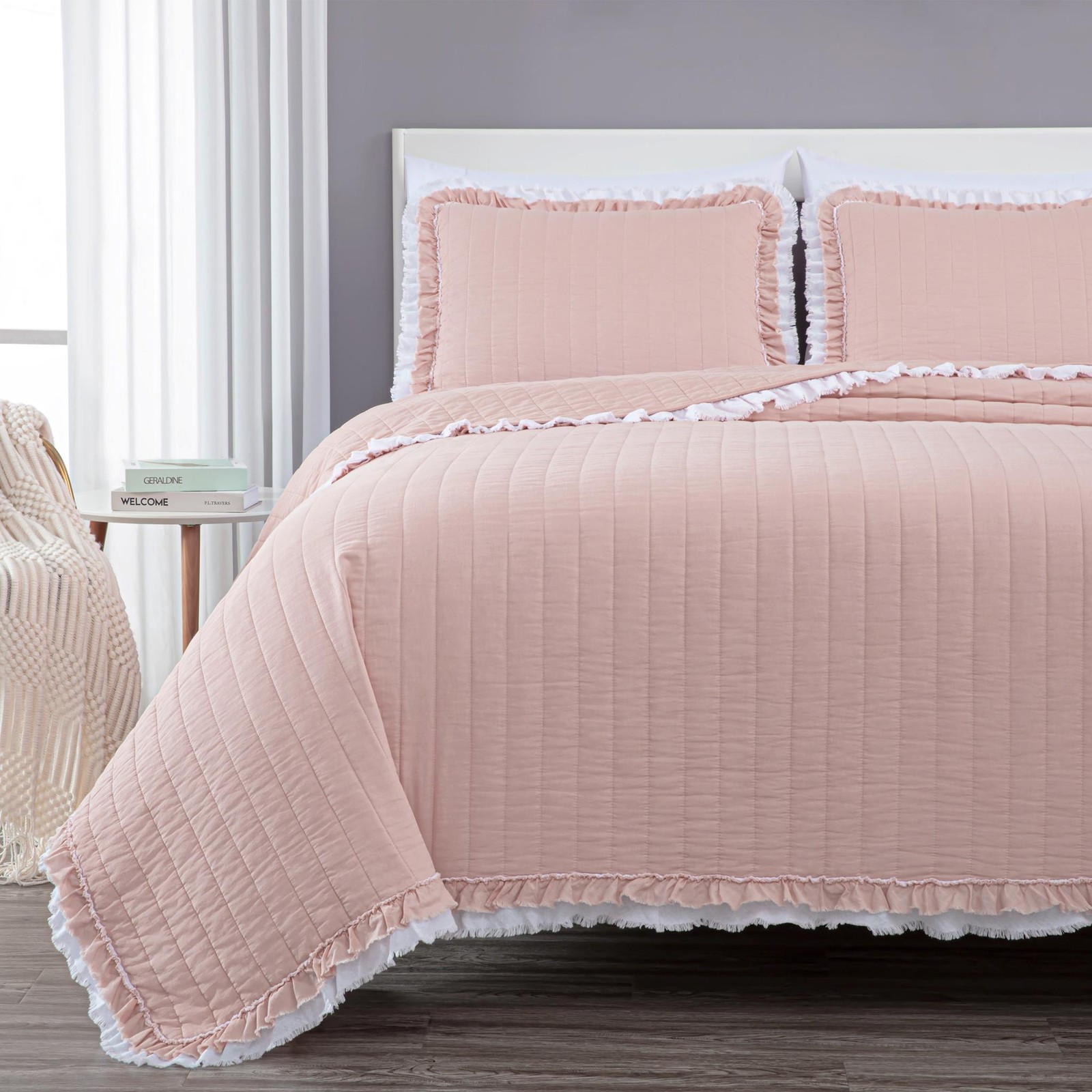 Chezmoi Collection Bonnie 3-Piece 100% Cotton Frayed Ruffled Edge Quilt Set