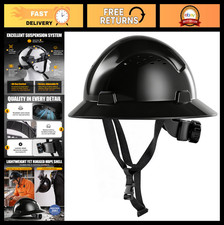 Black Full Brim Hard Hat - OSHA Approved Construction Helmet, 4-Point Suspension