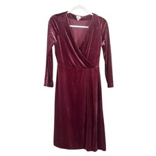 Women’s Long Sleeve V-Neck Dark Pink Burgundy Velour Dress Size Small