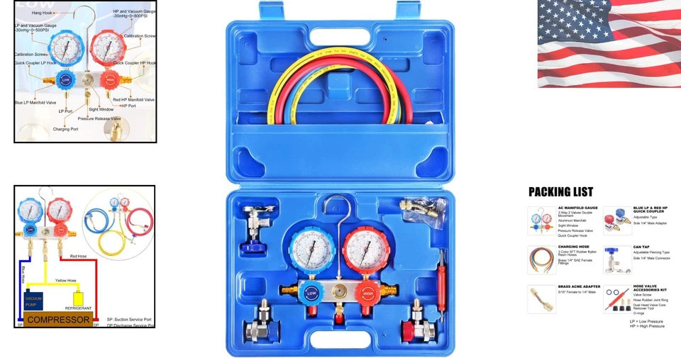 Juego de manómetros de CA profesionales de alta resistencia con adaptador R410A y estuche de almacenamiento Foto 2 de 4