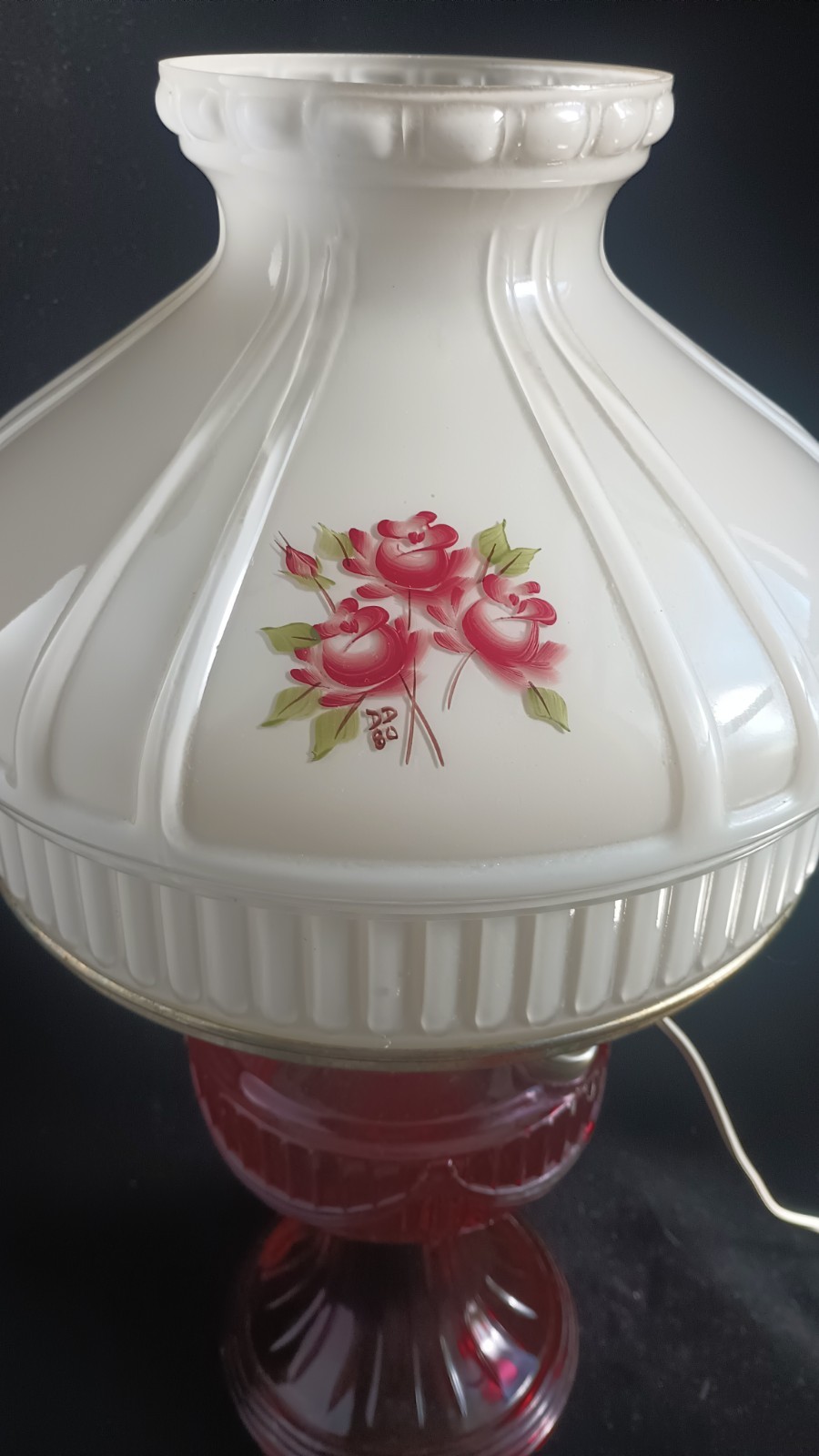 Vtg. B62 Aladdin Short Lincoln Drape Ruby Red Oil Lamp B12 Roses Champagne Shade