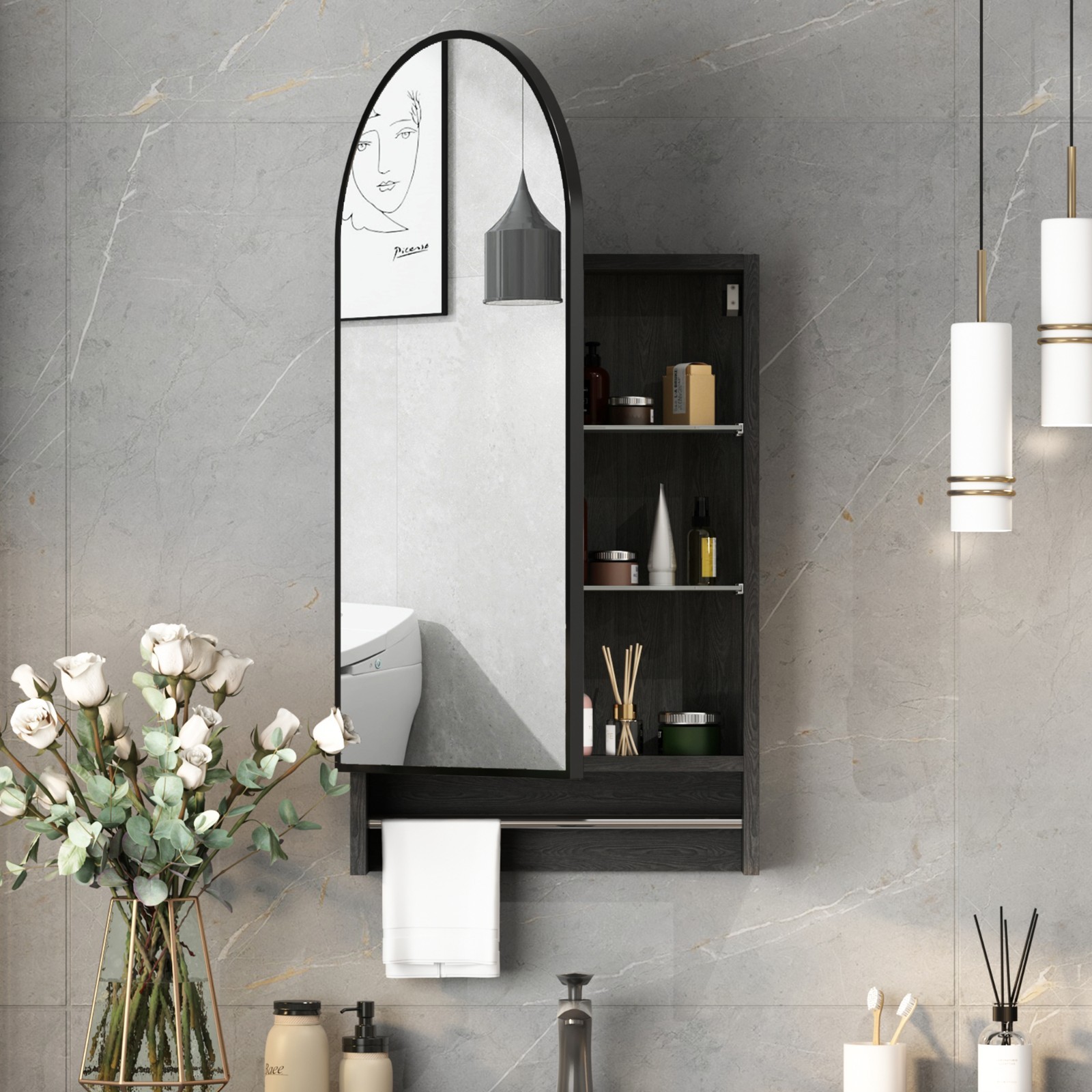 Bathroom Medicine Cabinets Black Arched Mirror Medicine Cabinet Wall-Mounted New
