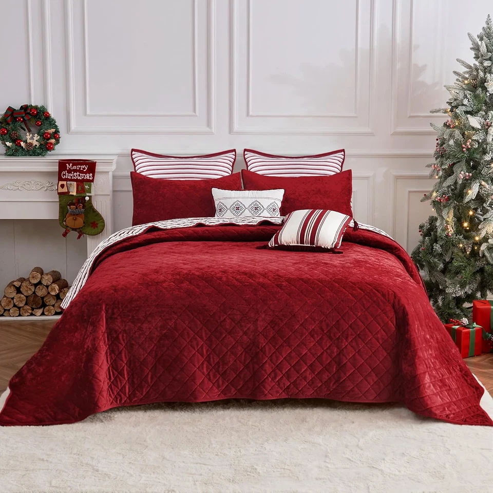 Ropa de cama de Navidad, juego de edredón de terciopelo rojo de lujo tamaño king, 5 piezas de algodón a rayas Foto 3 de 4