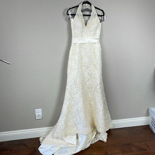 Davids Bridal Allover Beaded Lace Illusion Halter Neckline Wedding T9512 Sz 8 - Picture 2 of 16