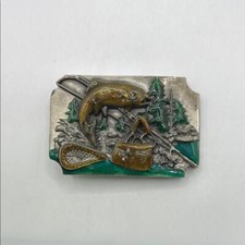 Vintage Siskiyou Belt Co Fly Fishing Outdoors Belt Buckle Silver Tone Brown