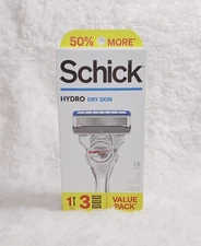 Schick Hydro Dry Skin Razor 1 Handle 3 Cartridges With 5 Blades